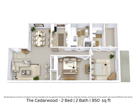 Floor plan for 2 beds, 2 baths, 845 sqft